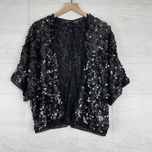 ASOS Sequin Top Jacket Women Size 2 Disc Embellished Black Short Sleeve Party - Picture 1 of 16